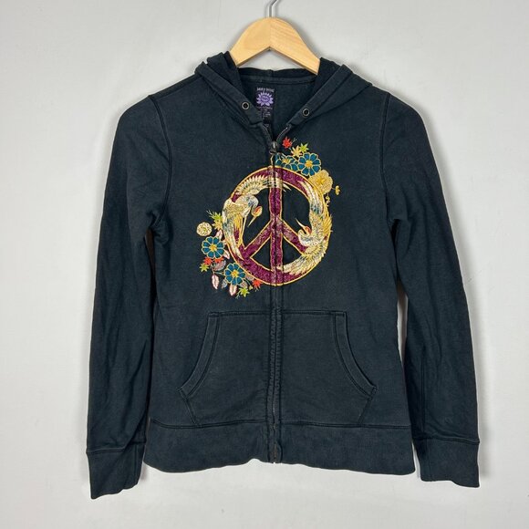 Y2K Vintage Lucky Brand Hoodie Sweatshirt Embroidered Peace Boho Size Small Wome - Picture 1 of 4
